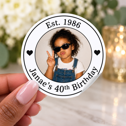 Custom Birthday Stickers with Photo • 2.5" Round Party Favor Labels