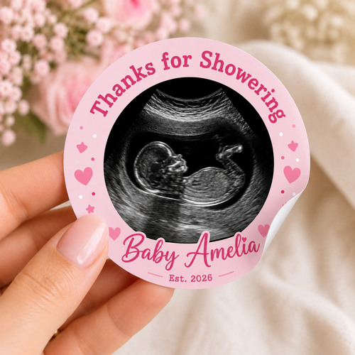Pink 2.5 Inch Personalized Baby Shower Stickers with Ultrasound Photo
