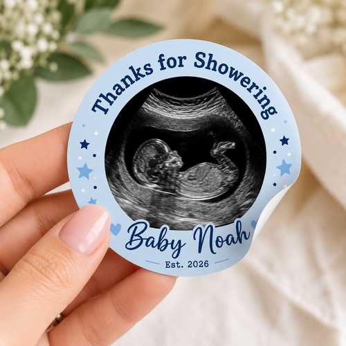 Blue 2.5 Inch Personalized Baby Shower Stickers with Ultrasound Photo