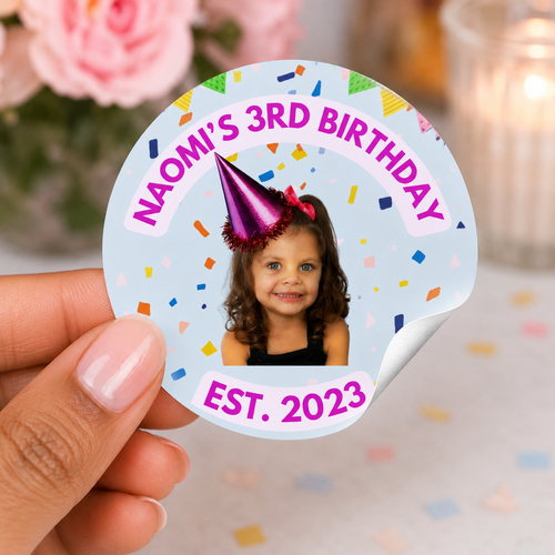 Custom Birthday Hat Stickers with Photo • 2.5" Round Party Favor Labels
