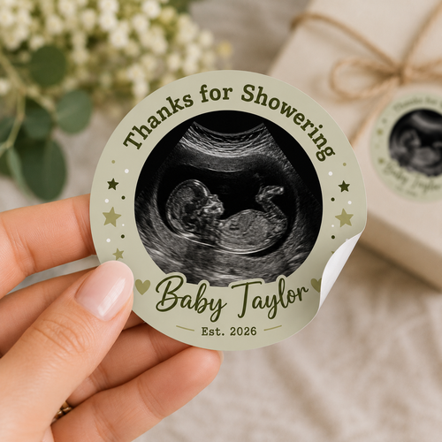 Neutral 2.5 Inch Personalized Baby Shower Stickers with Ultrasound Photo