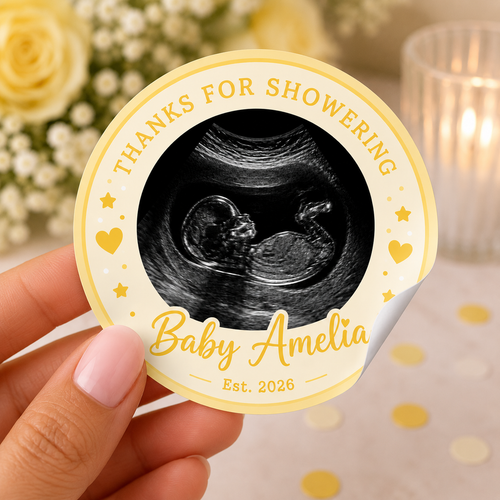 Yellow 2.5 Inch Personalized Baby Shower Stickers with Ultrasound Photo